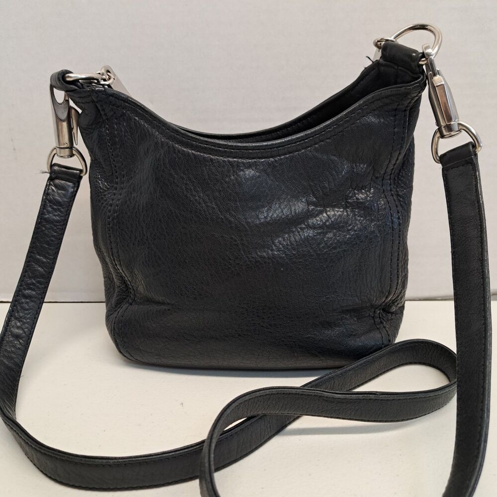 Anee Klein II Black Leather Handbag With Silver Metal  Handle And Shoulder Strap - Picture 2 of 14